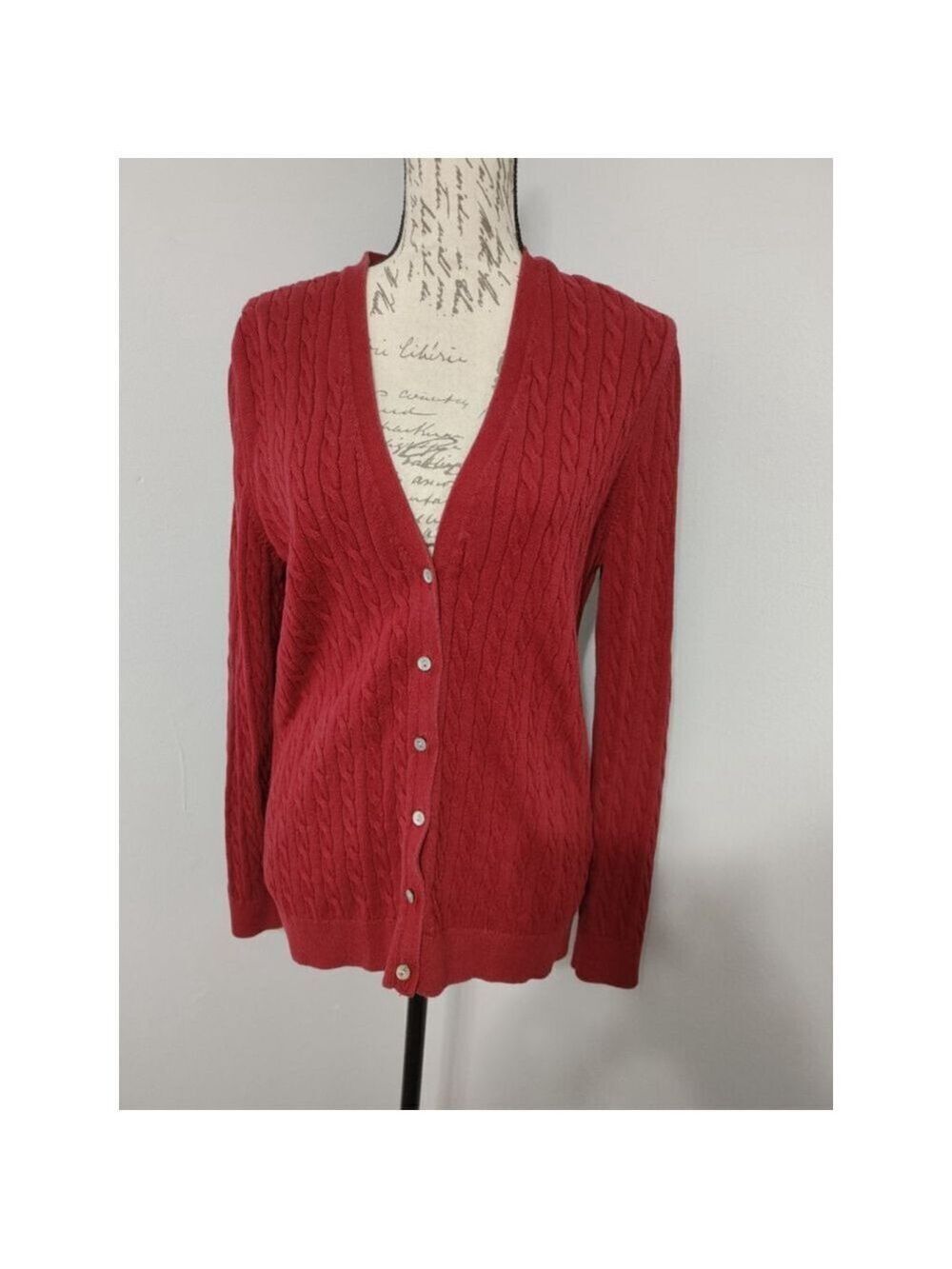 Women's Lands' End Red Cable Knit Cardigan Sweater L